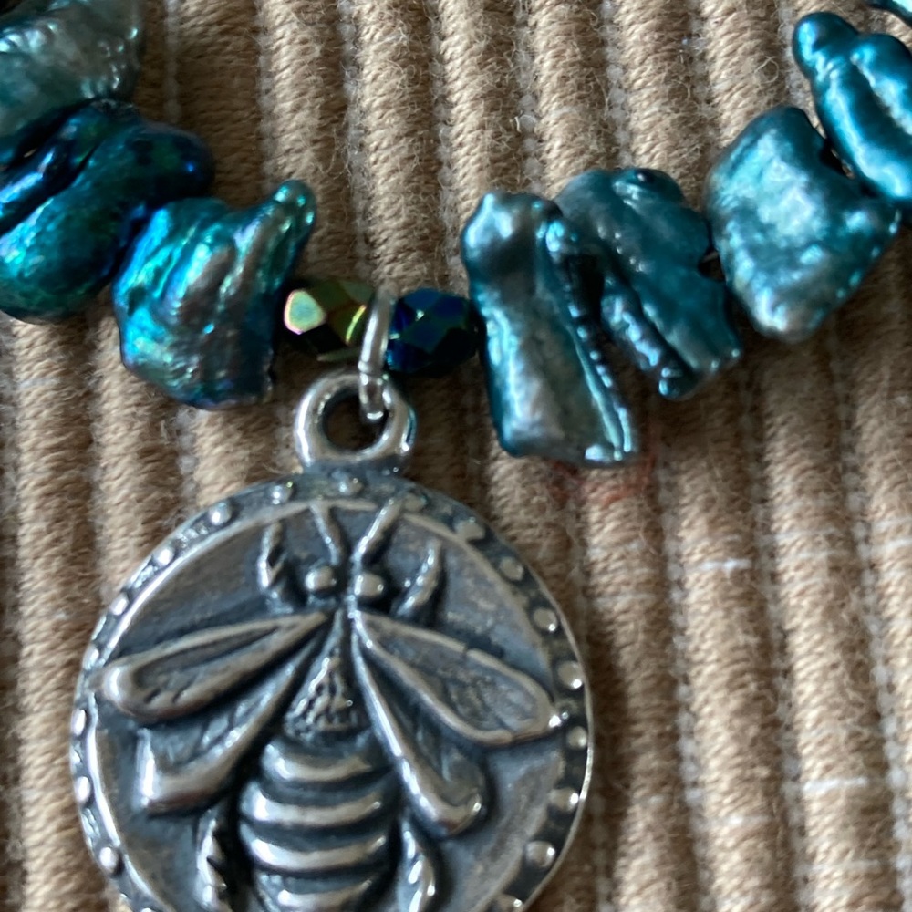 NWT Pewter Bee Necklace w Freshwater Pearls & Czech Fire Polished Glass
